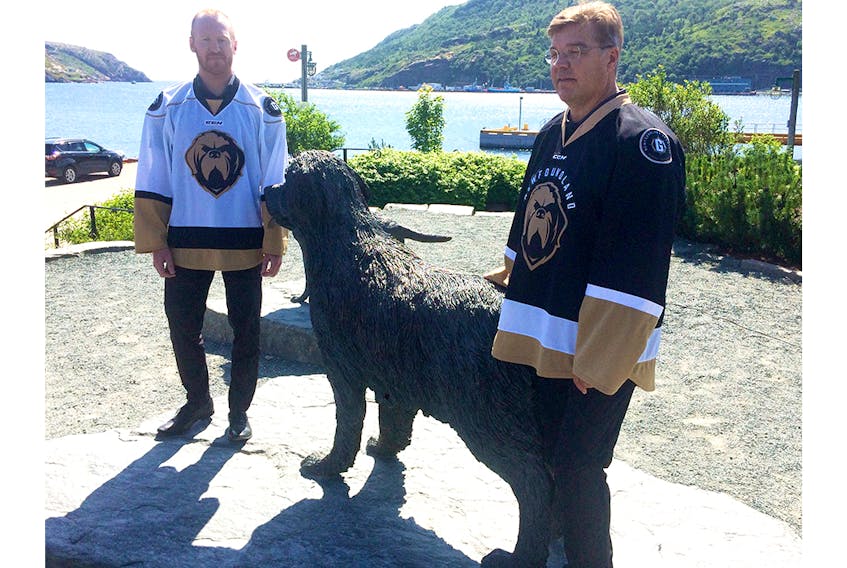 Recently-signed defenceman James Melindy of the Goulds, left and Newfoundland Growlers CEO Dean McDonald unveiled the ECHL team’s new jerseys Tuesday morning at Harbourside Park in downtown St. John’s.