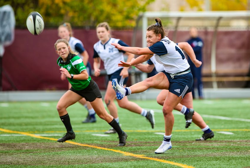 St. Francis Xavier’s Hannah Ellis kicks off  following an X-Women’s score against the Guelph Gryphons during quarter-final action at the U Sports women’s rugby championship in Ottawa on Wednesday. Greg Kolz / U SPORTS