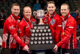 Only two other rinks have done what (from left) Brad Gushue, Mark Nichols, Brett Gallant and Geoff Walker accomplished when they claimed their third Brier Tankard Sunday, which is to win at three Canadian men's curling championships within a four-year period with the exact same lineup. The other's are the Ernie Richardson rink from Saskatchewan in the late 1950s and early 1960s and Randy Ferbey's Alberta team in the early part of this century. The "Ferbey Four" won Briers in three consecutive years and four in five years. — Curling Canada/Michael Burns
