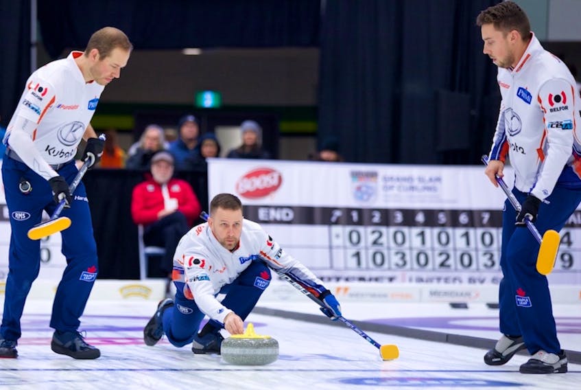 Brad Gushue (centre), Geoff Walker (left), Brett Gallant and Mark Nichols (not shown) have been on target so far at the Boost National in C.B.S. — Grand Slam of Curling/Anil Mungal