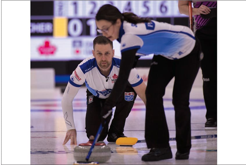 Michael Burns/Curling Canada — Brad Gushue and Val Sweeting look to get into the win column today in Portage la Prairie.