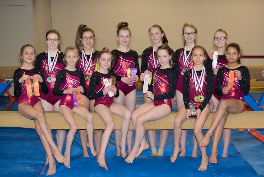 Amherst Aerials team members gathered to display the ribbons, medals and trophies they won at the March Break Invitational at ARHS. The athletes are: (front, from left) Marissa LeBlanc, Julia Dickinson, Alyssa Sealy, Kahli Stiles, Olivia Silvea, Kyra Brennan, (back, from left) Kirsten Lawrence, Emma Sjanic, Haley Angus, Jessica Landry, Juliana LeBlanc, and Reaghan Arsenault.