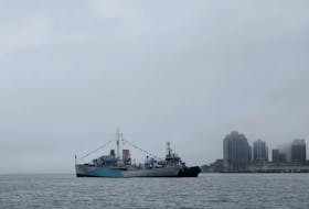 HMCS Sackville pulled along by the tugboat, Glenbrook, as she flies with her colours dressed all over during a salute to the city, seen from Dartmouth June 23.