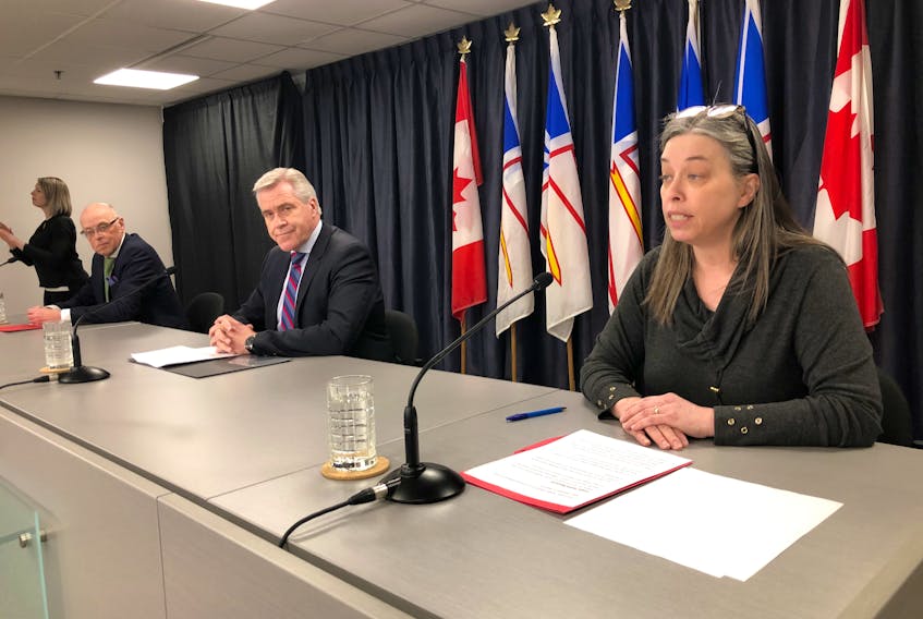 Premier Dwight Ball (centre) is flanked by health minister John Haggie (left) and chief medical officer Dr. Janice Fitzgerald during the province's COVID-19 Wednesday, March 24, COVID-19 update.