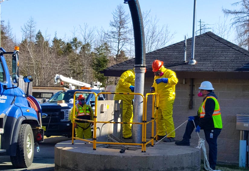 Halifax Water crews pump out a clogged pumping station in April. The utility says it is still seeing problems from people flushing wipes down the toilet during the pandemic.