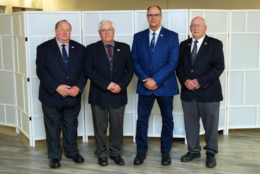 This year’s inductees into the Atlantic Agricultural Hall of Fame were, from left, Hector Williams, Newfoundland; Rodney Dingwell, Prince Edward Island, Maarten van Oord, New Brunswick; and Gilbert Allen, Nova Scotia. The ceremony was held in Bible Hill on Oct. 18.