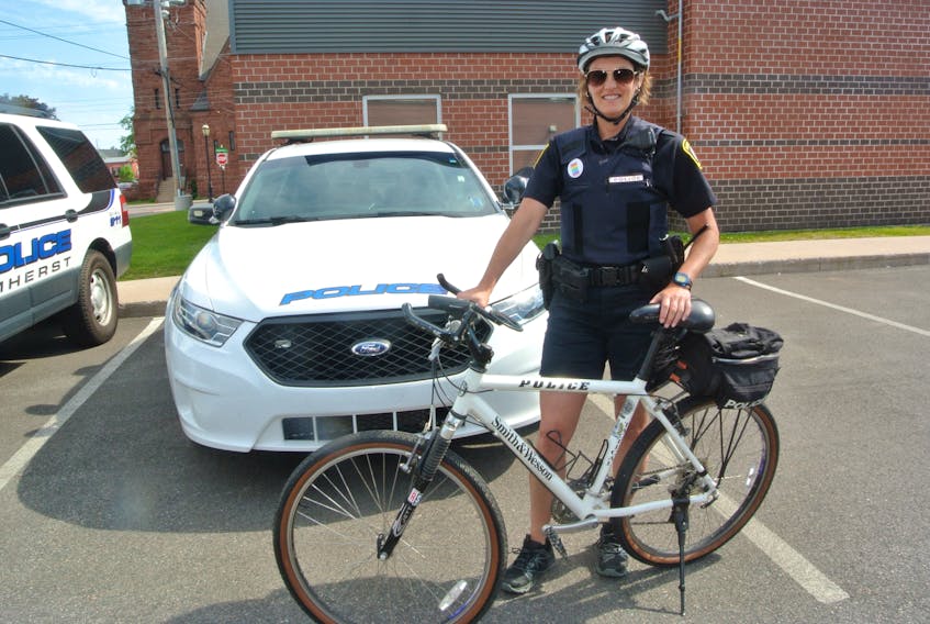 Const. Michelle Harrison is patrolling Amherst’s streets on a bicycle as the Amherst Police Department brings back its bicycle patrol program during the summer.