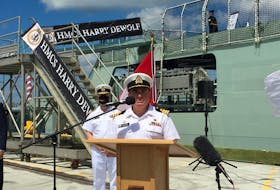 Cmdr. Corey Gleason speaks to media after a ceremony to accept delivery of HMCS Harry DeWolf on Friday, July 31, 2020, at the navy dockyard. He will command the new Arctic Offshore Patrol Vessel.
STUART PEDDLE PHOTO
