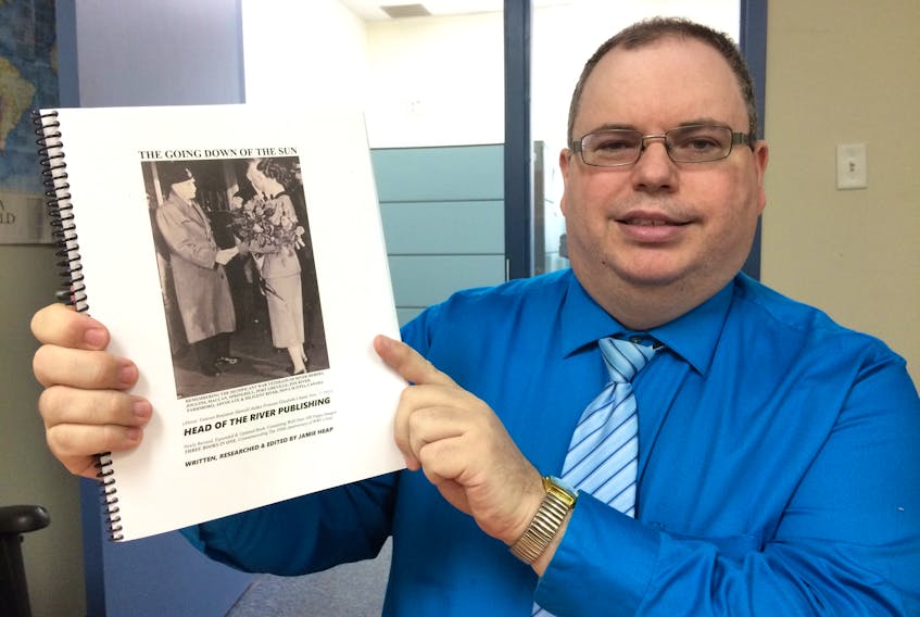 Jamie Heap looks over a copy of his eighth book, The Going Down of the Sun, which can be bought at Mrs. Pugley’s Emporium in Amherst and will be available at the Joggins Royal Canadian Legion on April 28 during its big breakfast at 8 a.m.