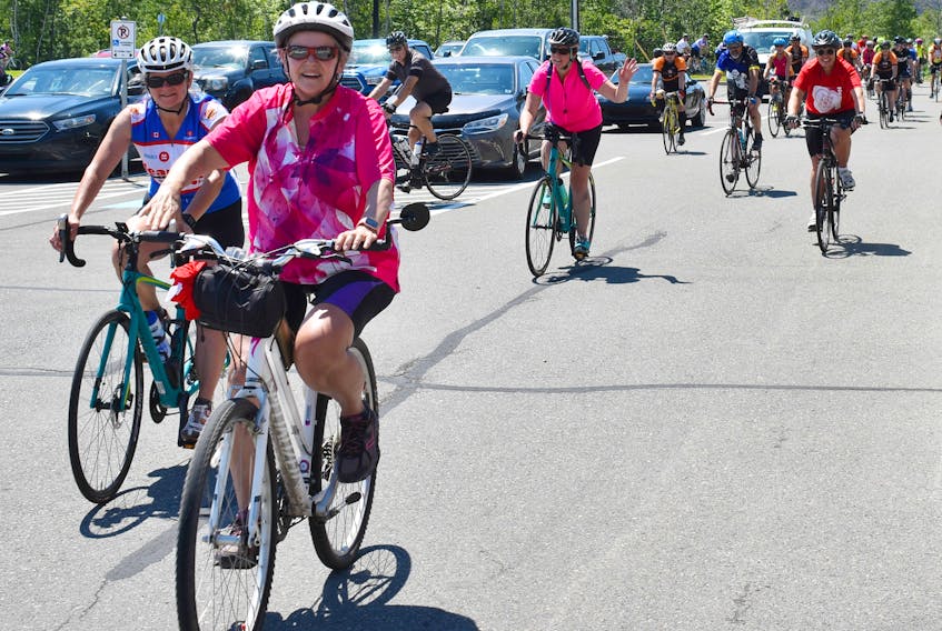 Cyclists arrive back at the Pictou County Wellness Centre after taking part in a route with the Heartland Tour.