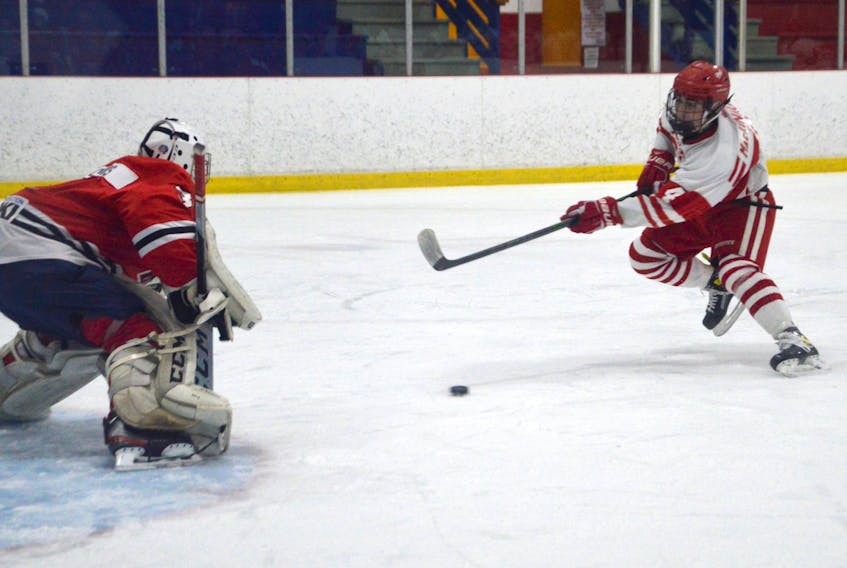 Sam MacKinnon of the Riverview Ravens, right, takes a shot on Glace Bay Panthers netminder Darian MacInnis during a breakaway in Cape Breton High School Hockey League action at the Cape Breton County Recreation Centre in Coxheath on Friday. Riverview won the game 4-1.