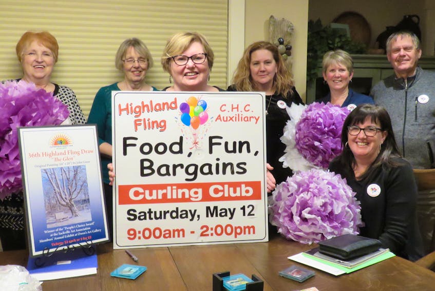 Members of the Cumberland Health Care Auxiliary’s Highland Fling committee, including (from left) Ida Roode, Betty Duizer-Logan, Elspeth Wilson, April Munro-Wood, Cheryl Morel and Bob Janes, are busy planning the 36th edition of the popular family fun fair at the Amherst Curling club on May 12.