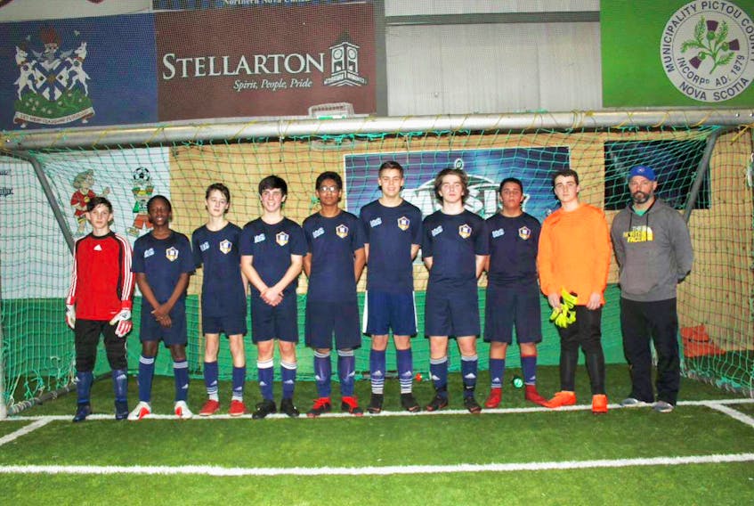 The Highland Football Club (HFC) U-15 boys ‘AA’ team which won their division of the Nova Scotia Soccer League March 10. Pictured are Aiden Canning (left), Timi Okuboyejo, Nicholas Delorey, Myers Hayne, Mason Zwicker, John Kendall, Dominic Gibbons and head coach Aaron Hayne. Absent from the photo are Alec Bates, Noah Dignan and Mohammed Tolba.