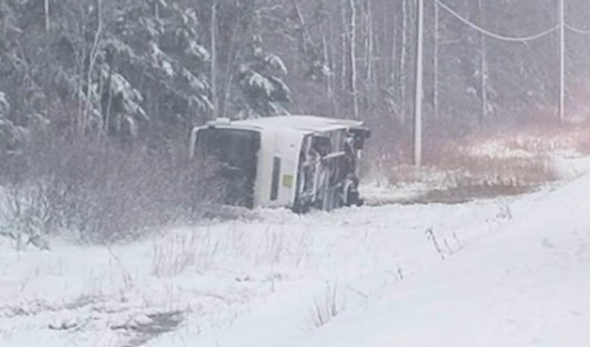 This bus carrying an Annapolis Valley team of bantam hockey players ended up on its side after it leaving the Trans-Canada Highway about 20 km east of the Canso Causeway at about 2 p.m. on Saturday afternoon.
The incident, which happened in the Queensville area, resulted in just one relatively minor injury. (CONTRIBUTED)