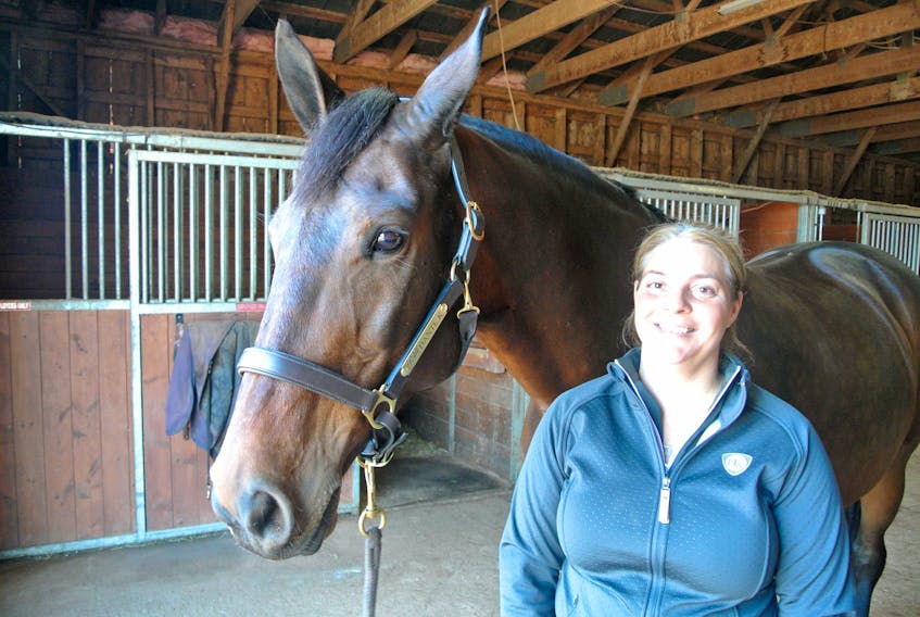 Amherst’s Gillian Vansnick-Daniels is headed to the Royal Horse Show Nov. 3rd with who she says was an unexpected point leader at the start of the season, her horse Dante K.  (Christopher Gooding/Amherst News )