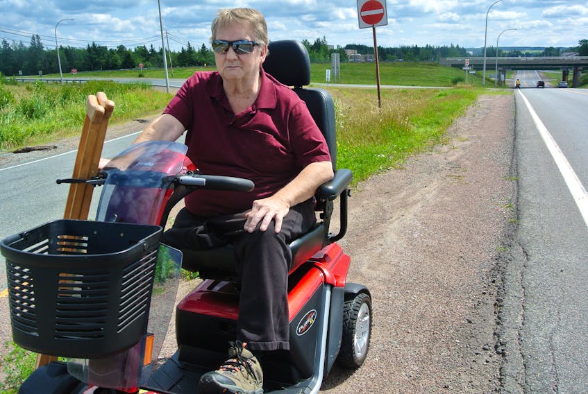 Jim Mitchell is one of many people who have to navigate the shoulder of the road to get from Amherst to the Cumberland Regional Health Care Centre for medical appointments. Many people are forced to walk along the shoulder of the road, while people like Mitchell, who use motorized scooters, have to use the side of the road hoping they don’t get struck.