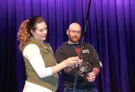 Jennifer MacLean, as Melanie Morningside, and Jon-Erik Hill, as James Bell, rehearse a scene from The Great Kooshog Lake Hollis McCauley Fishing Derby. Hubtown Theatre Society will present the show at the Marigold Cultural Centre March 27-30.