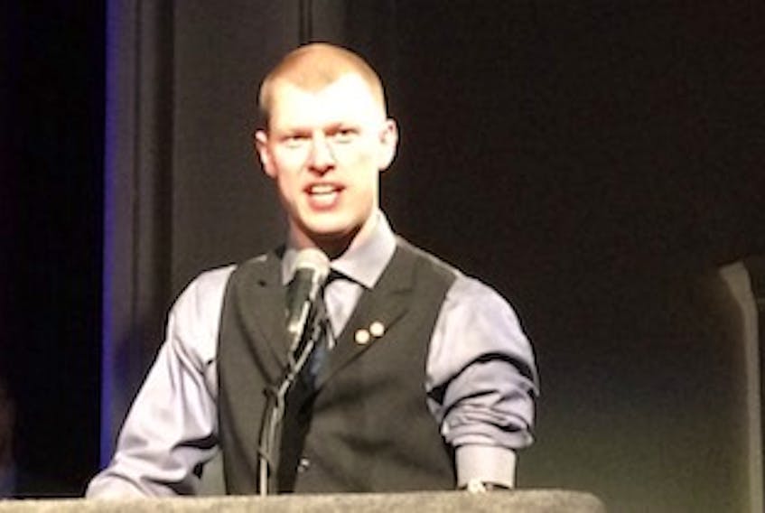 Para nordic and biathlon skier Mark Arendz gives his acceptance speech after winning the Lieutenant Governor's Award at the Sport P.E.I. awards Tuesday in Charlottetown. Arendz also won the senior male athlete of the year and shared the Bill Halpenny Award with para hockey's Billy Bridges.