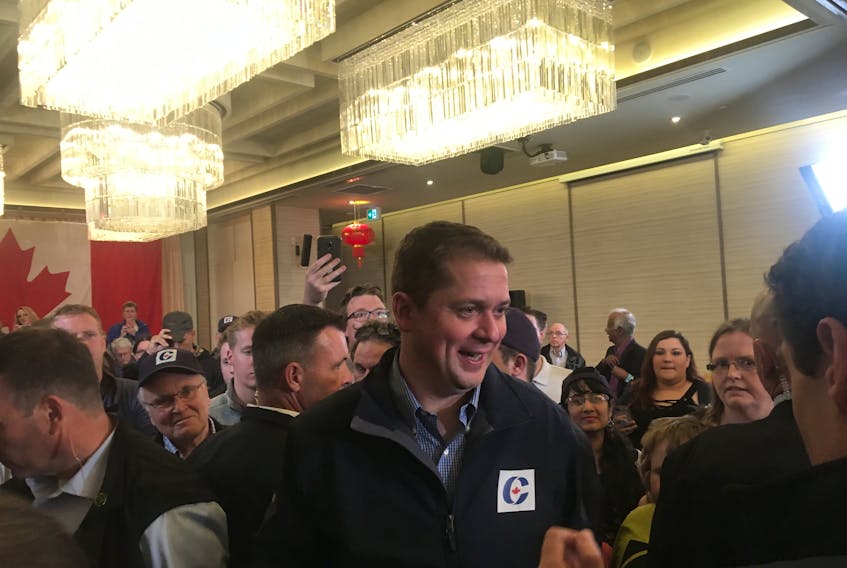 Federal Conservative Leader Andrew Scheer mingles during an appearance in Halifax on Oct. 3, 2019.