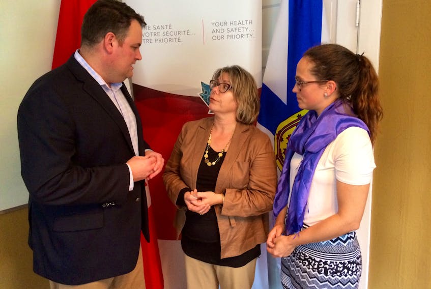 West Nova MP Colin Fraser, Joan Donaldson and Lisanne Turner at the Tri-County Women’s Centre on Thursday, Oct. 11. Turner is the women’s centre’s executive director. Donaldson is project co-ordinator for the centre’s Cannabis Education and Substance User Support program.