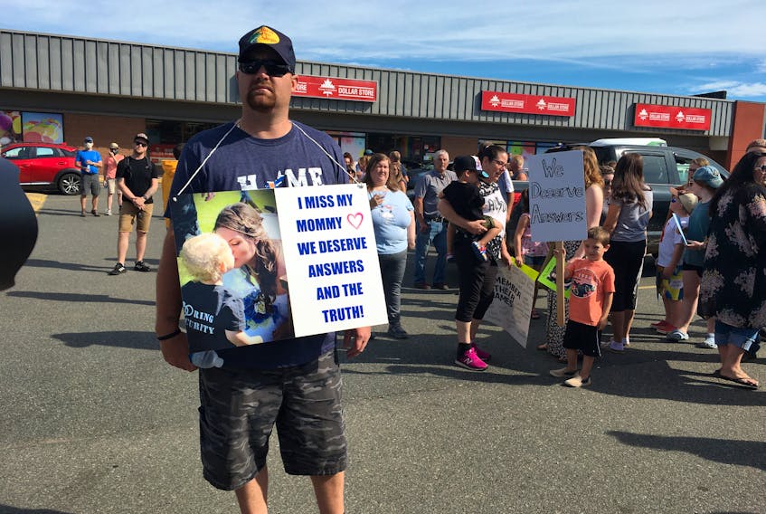 Nick Beaton, Kristen Beaton's husband, gets ready to lead hundreds of people on a march to the RCMP detachment in Bible Hill on Wednesday, July 22, 2020, as an effort to keep the pressure on the provincial and federal governments to call a public inquiry into the mass shooting on April 18 and 19.