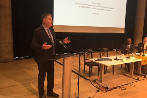 Prof. Scot Wortley delivers his report on street checks and racial profiling at Halifax Central Library on Wednesday, March 27, 2019.