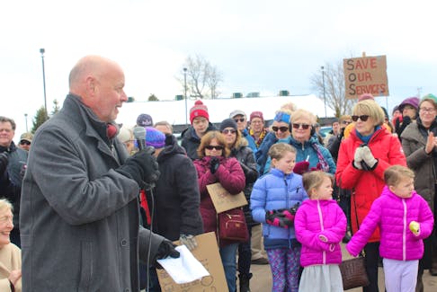 Sackville Mayor John Higham speaks to the large crowd who came out to the rally on Monday at the Sackville Memorial Hospital.