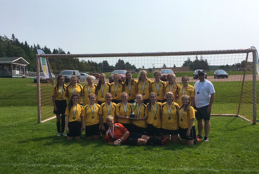 The West Prince Storm defeated the Sherwood-Parkdale Rangers 6-3 in overtime on Saturday to win the Subway P.E.I. Under-18 Girls Soccer League (First Division) championship. Members of the Storm are Breanna O’Halloran, lying in front, and kneeling, from left: Keana Jeffery, Sherrise Gaudet, Shakira Gaudet, Madison McHugh, Janelle Perry, Alyx Shea, Stephanie Arsenault and Gracie Ramsay. Back row: Erin Milligan, Hannah DesRoches, Hayden Chaisson, Shianne Handrahan, Allison Harper, Allison Gorrill, Jill Harper, Julie Hardy, Maggie Gard, Meadow Ramsay and Brian Allain (coach).
