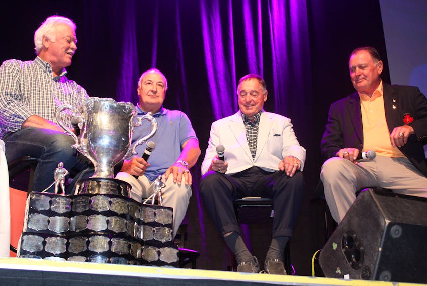 Montreal Canadiens legends Yvon Lambert, Guy Lapointe, Frank Mahovlich and Peter Mahovlich (left to right) speaking at this year's Boys and Girls Club Celebrity Dinner Gala in Summerside.