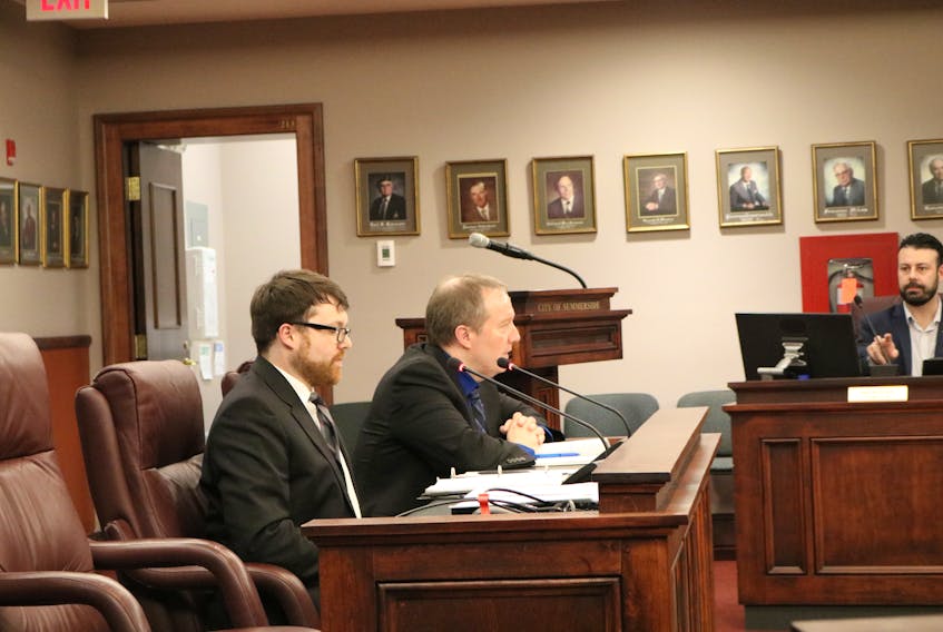 Iain McCarvill, left, of Key Murray Law and Summerside CAO Rob Philpott run through the city's new Access to Information and Protection of Personal Information bylaw with councillors during a recent Summerside City Council meeting.