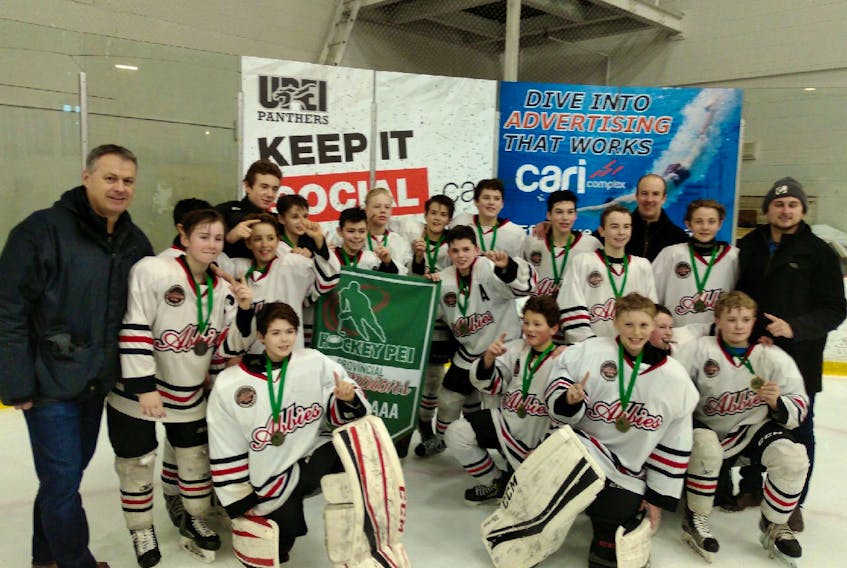 The Charlottetown Abbies won the Prince Edward Island peewee AAA hockey championship at MacLauchlan Arena in mid-March. Team members, in random order, are players Brett Arsenault, Sam Casford, Ethan Clark, Ryan Harper, Alex Koughan, Jonah MacDonald, Seamus MacEachern, Finn Morris, Nathan Mossey, Brennan Murphy, Zach O’Meara, Jack Rowell, Keegan Rush-Germaine, Max Sentner, Cam Squires, Creegan Tompkins and Will White. The staff includes head coach Jeff Squires, assistant coaches Matt Weeks and Chris Hedefine and manager Mark Arsenault.