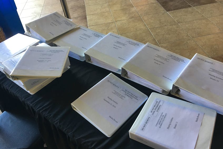 Documents covering the first phase of the audit work by Grant Thornton for the ongoing Muskrat Falls Inquiry, seen at the Lawrence O’Brien Arts Centre in Happy Valley-Goose Bay.