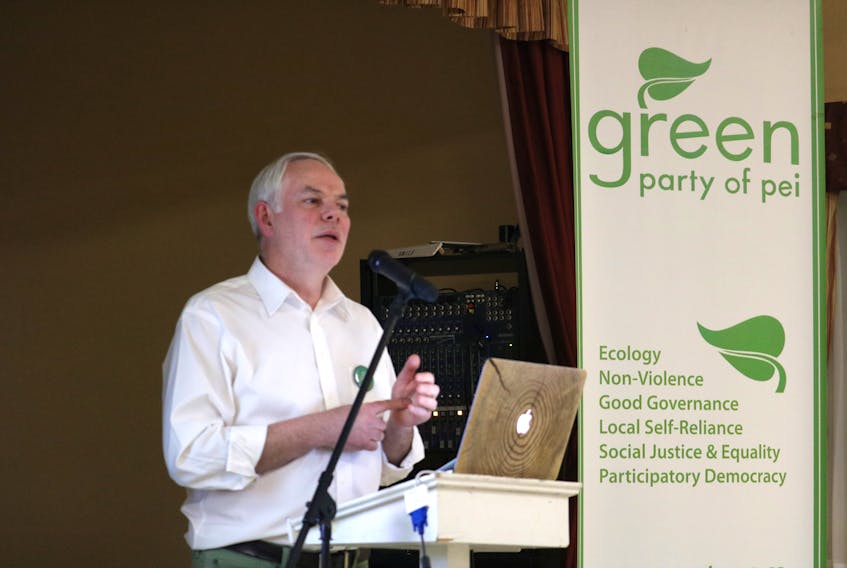 Green party Leader Peter Bevan-Baker delivers a speech during the party’s annual general meeting last month. The party has become the most popular political force on the Island, according to recent polling. - Stu Neatby