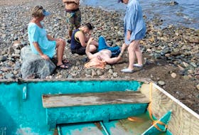 Ruthanna O'Brien sits beside Colin Greene on Jimtown beach, Antigonish County, after the pair were rescued.