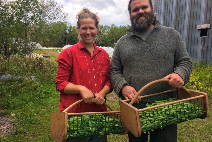 In spite of a wet spring and a hurricane, Keltie Butler and Michael Coolican have lots to harvest at Small Holdings Farms near Scotsburn, including snap peas.