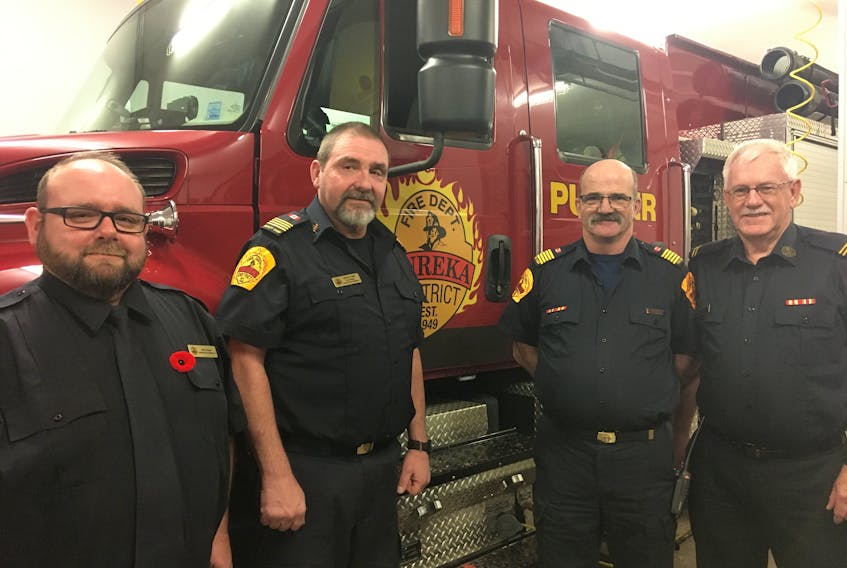 Water shuttle, hose and ladder operations, pumper training and medical first responder exercises are part of the regular weekly training program at the 70 year-old Eureka fire department. From left to right are, chairperson Sean Fraser, deputy chief Lee Fraser, chief Bill Holley and captain Roger Caddell.