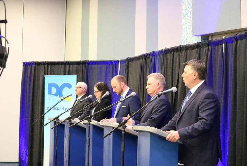 PC Leadership candidates Allan Dale, Sarah Stewart-Clarke, Shawn Driscoll, Kevin Arsenault and Dennis King faced off in the second of three debates at Credit Union Place in Summerside. About 180 people attended the event.