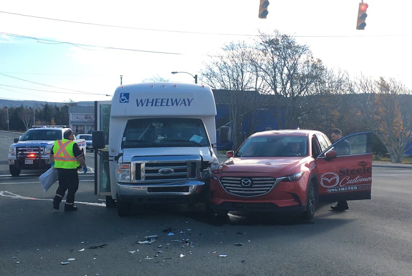 A Wheelway bus and a Steele Mazda customer shuttle were involved in a motor-vehicle collision at the intersection of Thorburn Road and Goldstone Street.