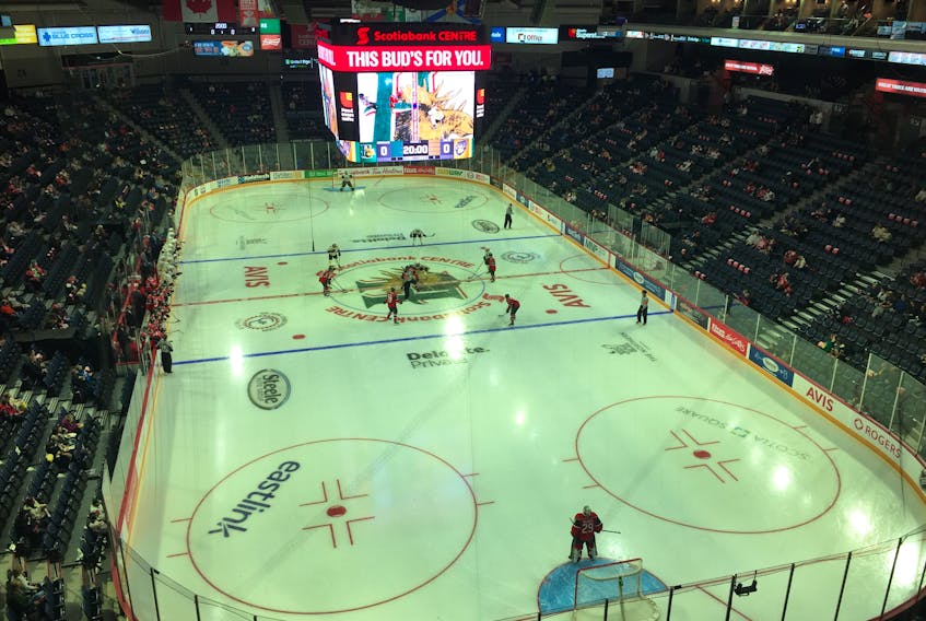 The Halifax Mooseheads and Cape Breton Eagles face off in front of a socially-distanced crowd at the Scotiabank Centre on Saturday. (WILLY PALOV/Chronicle Herald)