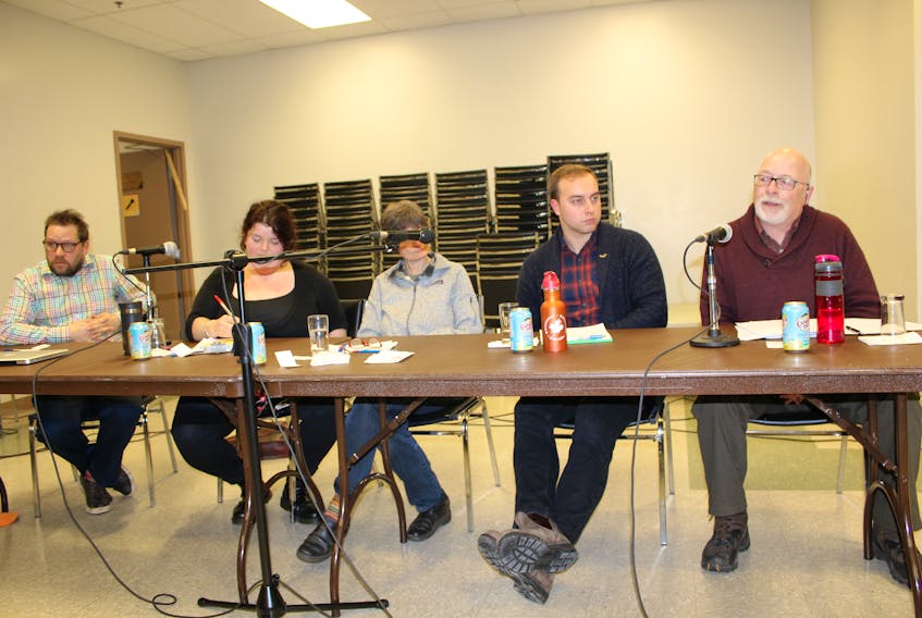 Shawn Mesheau, right, shown here speaking during the all-candidates debate earlier this month, was victorious in Monday night's byelection and will take over the vacant seat on Sackville town council. Also shown are fellow candidates, l-r, Brian Neilson, Julia Feltham, Sabine Dietz and Dylan Wooley-Berry.