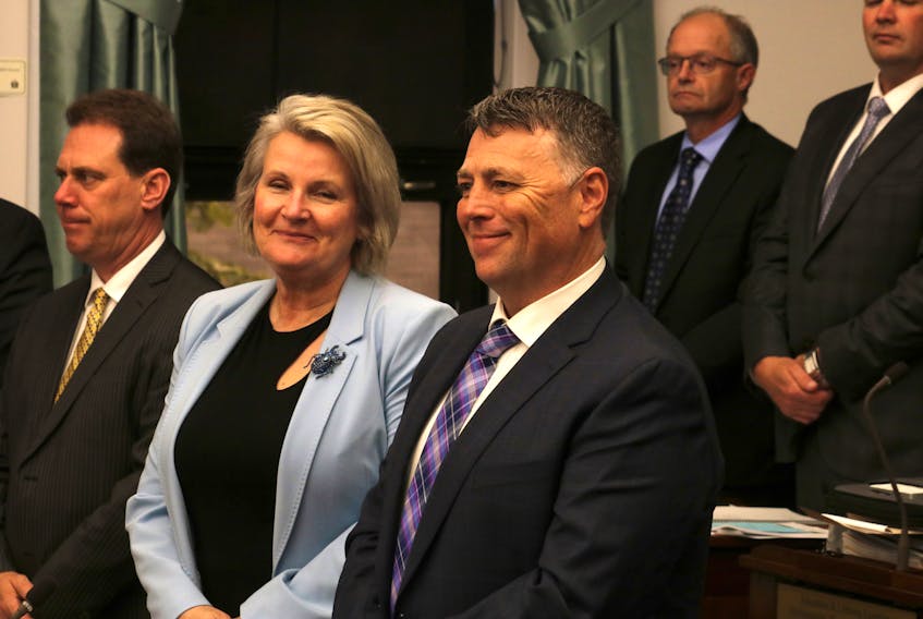 Premier Dennis King, right, next to Finance Minister Darlene Compton during the spring sitting of the P.E.I. legislature.
- The Guardian