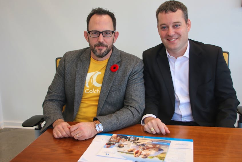 Brennan Gillis, left, CEO of the Truro and Colchester Partnership for Economic Prosperity, and Nova Scotia Health and Wellness Minister Randy Delorey got together in Truro for an announcement on funding for community-led initiatives around doctor recruitment.
