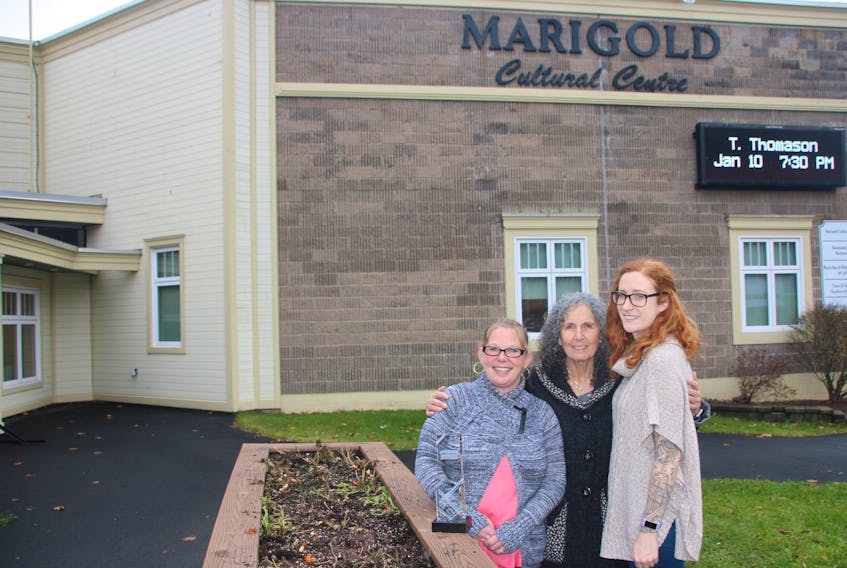 The women who work at the Marigold Cultural Centre are proud of the Nova Scotia Music Award the venue received this year. Pictured are, from left, Lori Holman, business development manager; Farida Gabbani, executive director; and Summer Hudson, assistant manager and box office manager.