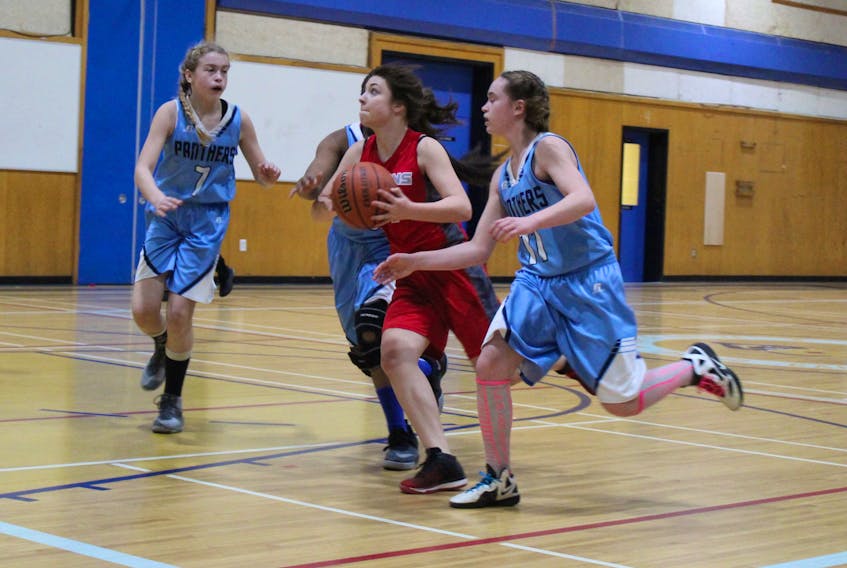 Junior high school girls basketball action Feb. 20 at Maple Grove Education Centre in Hebron, where the host Panthers defeated Barrington. Two days later, on Feb. 22, the Panthers (again at home) defeated Northeast Kings Education Centre to clinch a berth in this week’s western regional championships.