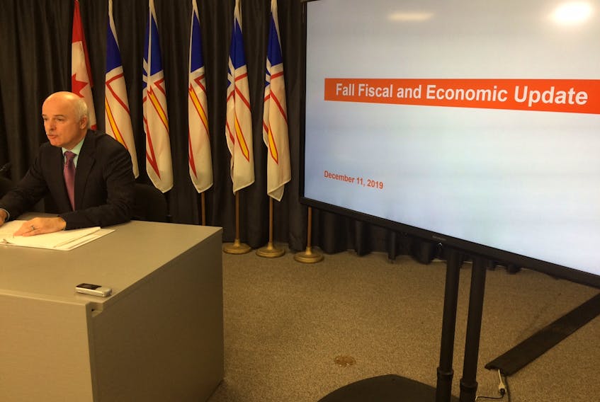 Finance minister Tom Osborne speaks to the media at the Confederation Building where he presented the 2019 Fall Fiscal Update. - Joe Gibbons/The Telegram