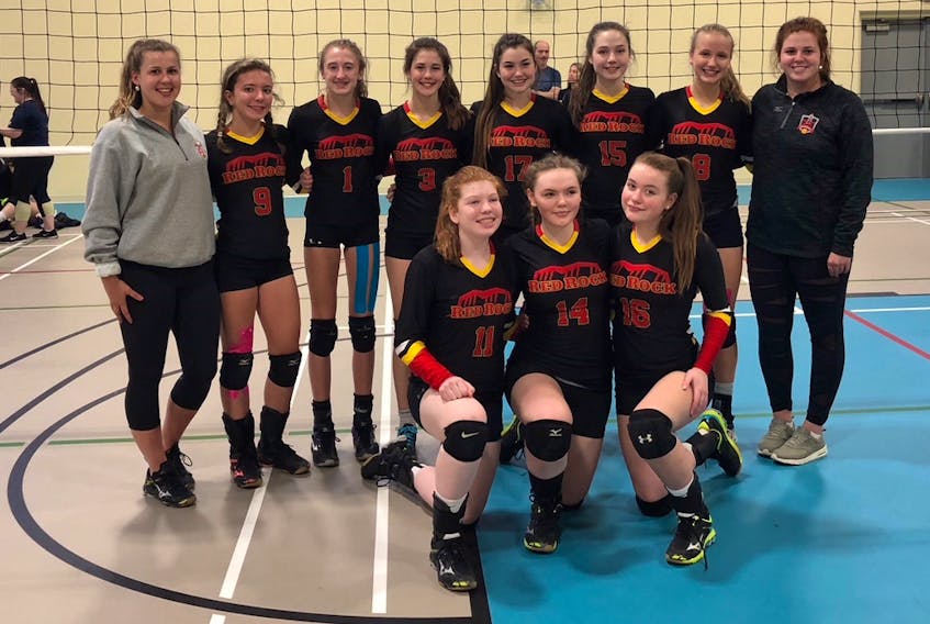The Red Rock 15-and-under women’s volleyball team recently competed in Halifax. Front row, from left, are Megan MacDonald, Jenna Cyr and Sydney Strain. Second row, coach Laura Ready, Monica Gollaher, Jenna O'Neill, Ashlyn Carpenter, Seven McHatten, Marie Fogarty, Ella Hickey and coach Sarah Willis.