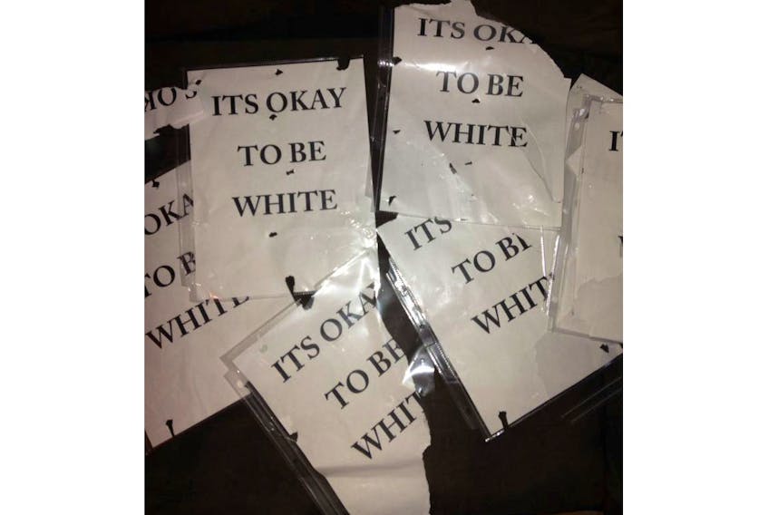Bradley Johnson of New Glasgow said he was walking in Stellarton when he saw someone putting up these signs, which read, “It’s OK to be white,” on Nov. 1.