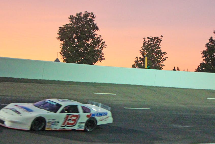 Cassius Clark, behind the wheel of the King’s Racing #13 car, raced to victory Saturday night in the annual IWK 250 at Riverside International Speedway in James River, Antigonish County. Corey LeBlanc