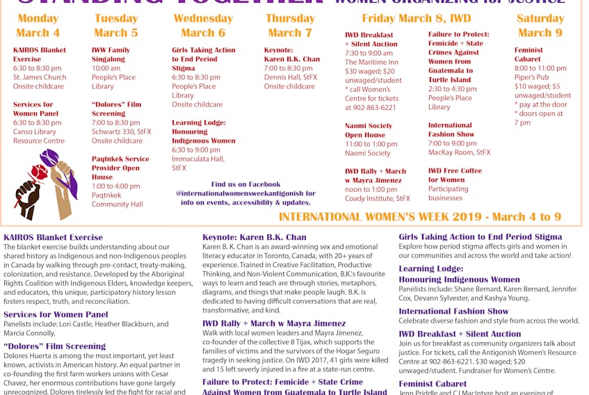 The schedule for local events during International Women's Week March 4 to 9.