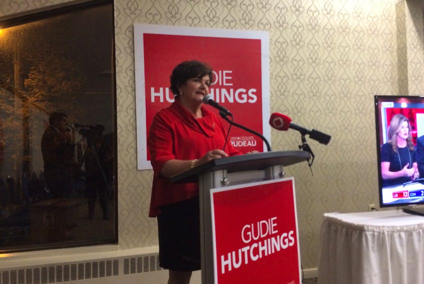 Gudie Hutchings speaks to supporters at her campaign headquarters after successfully seeking re-election in the riding of Long Range Mountains.